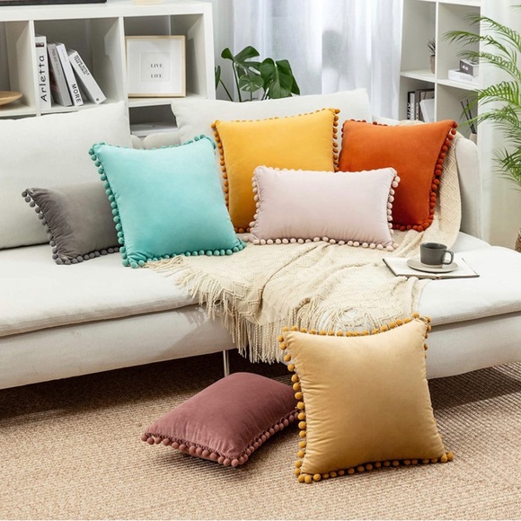 Luxury Home | Golden Khaki Soft Velvet Pom Pom Trim Throw Pillow Covers - Picture 6 of 8